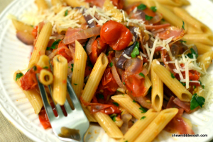 Penne with Roasted Tomatoes and Pancetta - Chew Nibble Nosh