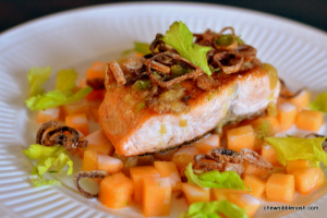 Salmon with Cantaloupe and Fried Shallots - Chew Nibble Nosh
