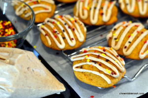 Soft Pumpkin Spice Cookies with Cinnamon Cream Cheese Frosting - Chew Nibble Nosh