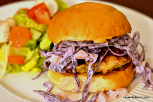 Chicken Burgers with Red Cabbage and Apple Slaw - Chew Nibble Nosh