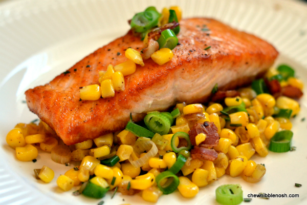 Seared Salmon with Sweet Corn and Bacon Sauté - Chew Nibble Nosh