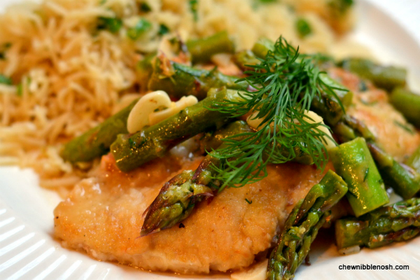 Chicken with Asparagus Lemon Garlic and Dill and Lemony Scallion Pilaf - Chew Nibble Nosh