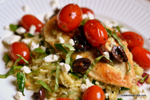 Kalamata-Balsamic Chicken with Feta and Orzo - Chew Nibble Nosh