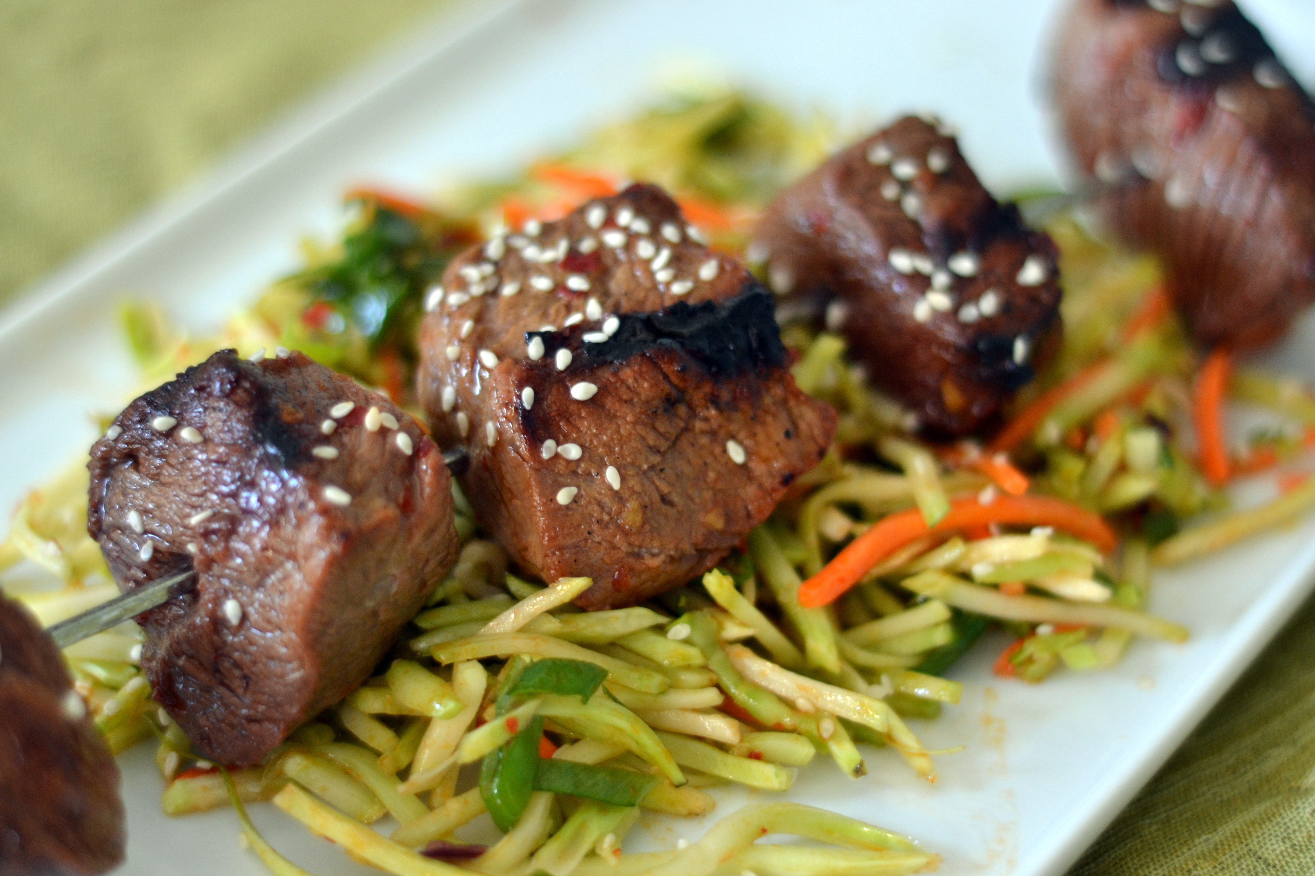 Quick Asian Steak Kebabs with Broccoli Slaw