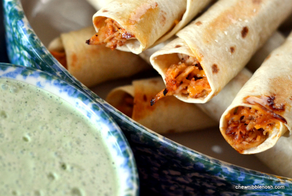 Baked Honey Lime Chicken Taquitos with Cilantro Lime Cream - Chew Nibble Nosh