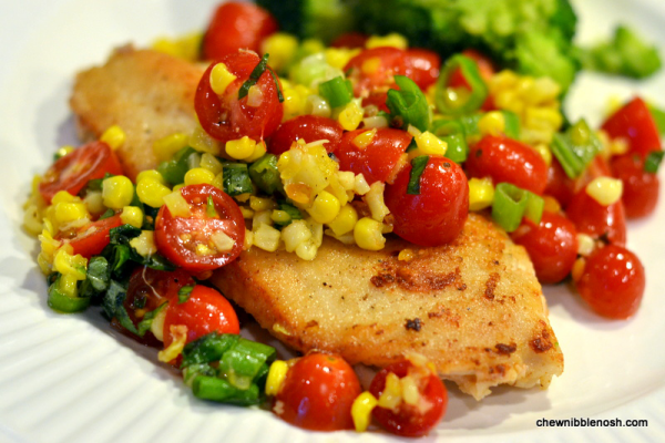 Chicken Paillards with Tomato, Basil and Roasted Corn Relish - Chew Nibble Nosh