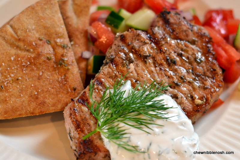 Grilled Pork Chops with Tomato-Cucumber Relish and Yogurt Dill Sauce - Chew Nibble Nosh