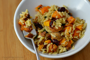 Chicken Sausage with Roasted Butternut Squash and Orzo - Chew Nibble Nosh.