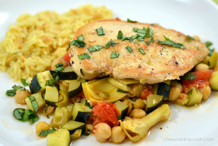 Mediterranean Chicken Skillet with Zucchini, Chickpeas, Olives and Tomatoes - Chew Nibble Nosh