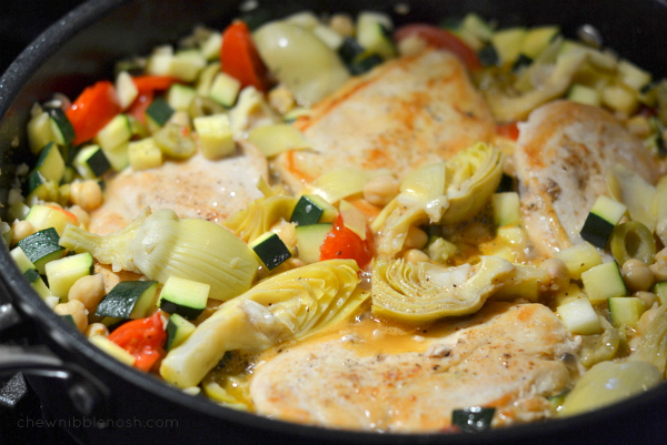 Mediterranean Chicken Skillet with Zuccini, Chickpeas, Olives and Tomatoes - Chew Nibble Nosh 6