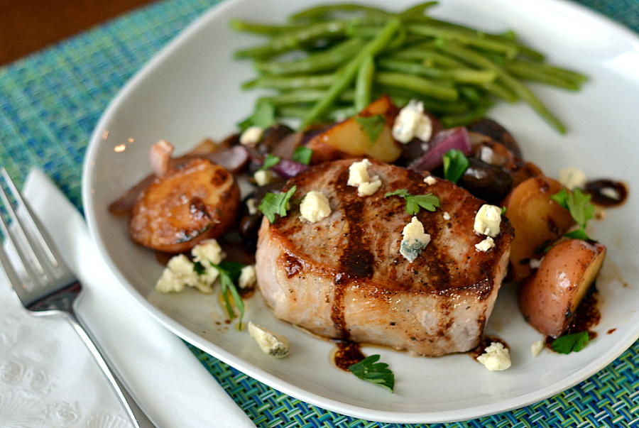 Pork Chops with Balsamic Roasted Vegetables and Gorgonzola - Chew Nibble Nosh