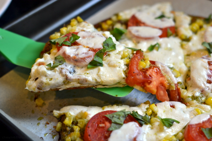 Sweet Corn, Tomato and Pesto Pizza - Chew Nibble Nosh